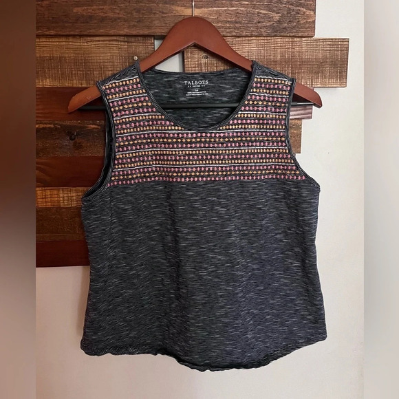 Talbots women’s tank sleeveless blouse Large Petite embroidered striped summer - Picture 1 of 6